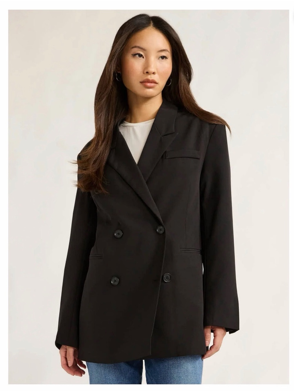 Scoop Double-Breasted Black Women's Blazer - Picture 2 of 6